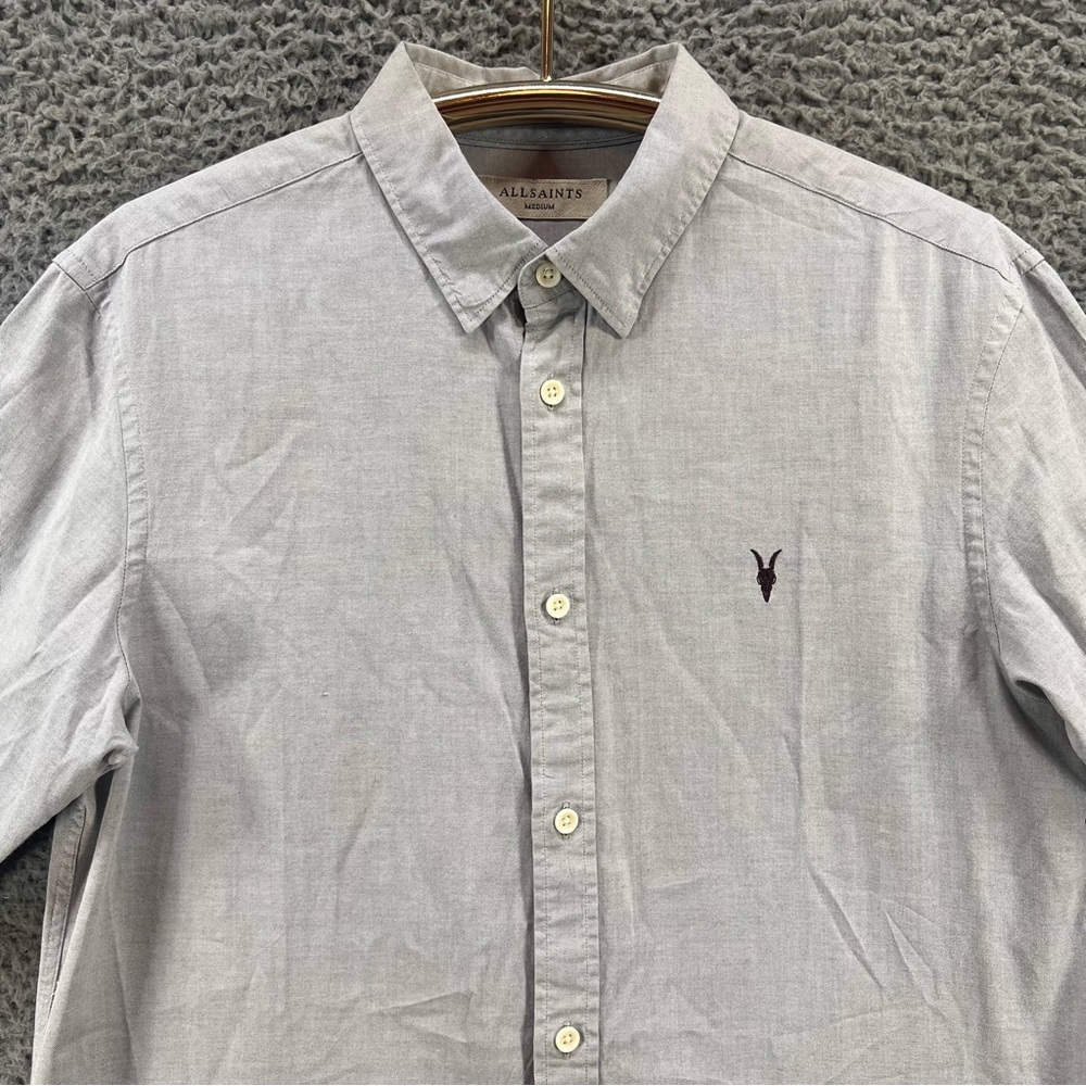 Allsaints Button Up Shirt Mens Medium 1/2 Sleeve Gray Solid Embroidered Logo EUC